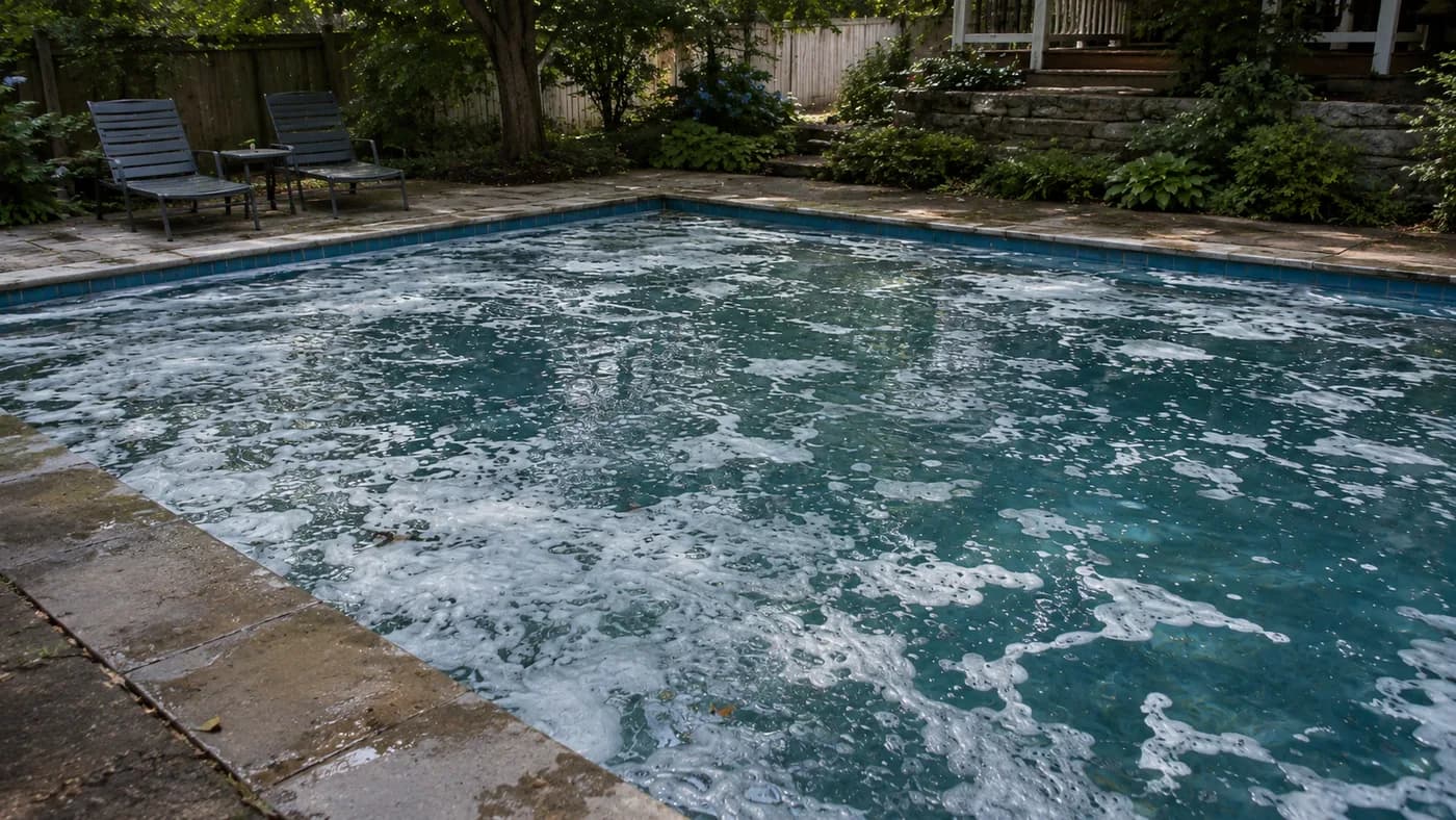Mousse à la surface de l'eau de piscine — écume persistante signe d'un excès de produits ou d'un déséquilibre de l'eau